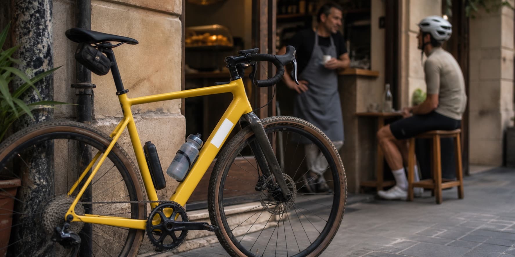 Yellow gravel bike outside a local cafe as part of its real usage context