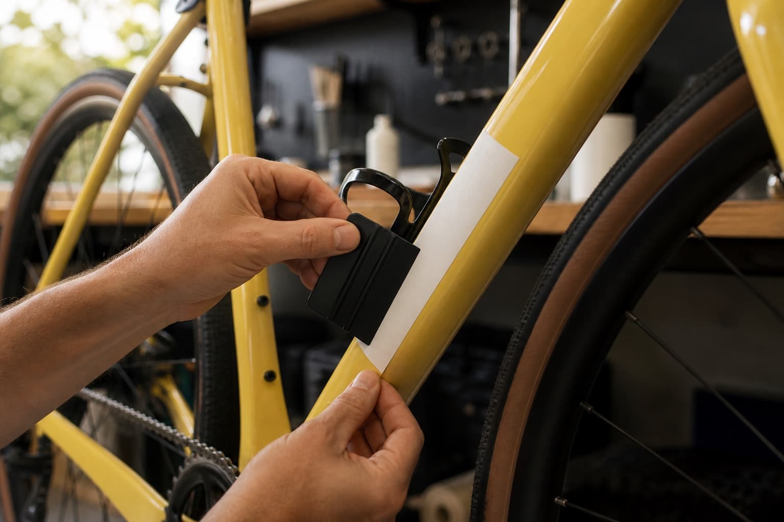 Careful installation of a sponsor position on the downtube of a yellow gravel bike